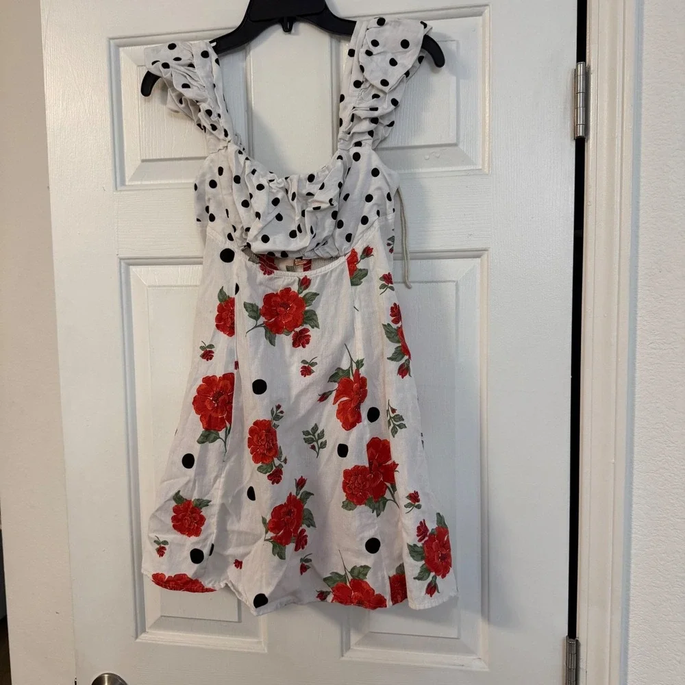 Free People Polka Dot Floral Mini Dress White Red Ruffle Cutout Tie Back Small S